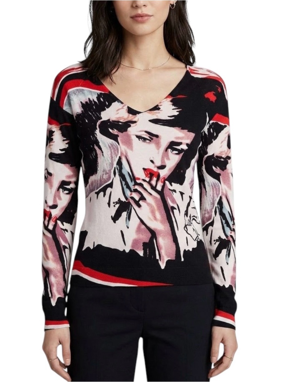 Love Sex Face Art Sweater Lightweight V-Neck Fitted Black White M Red Edgy